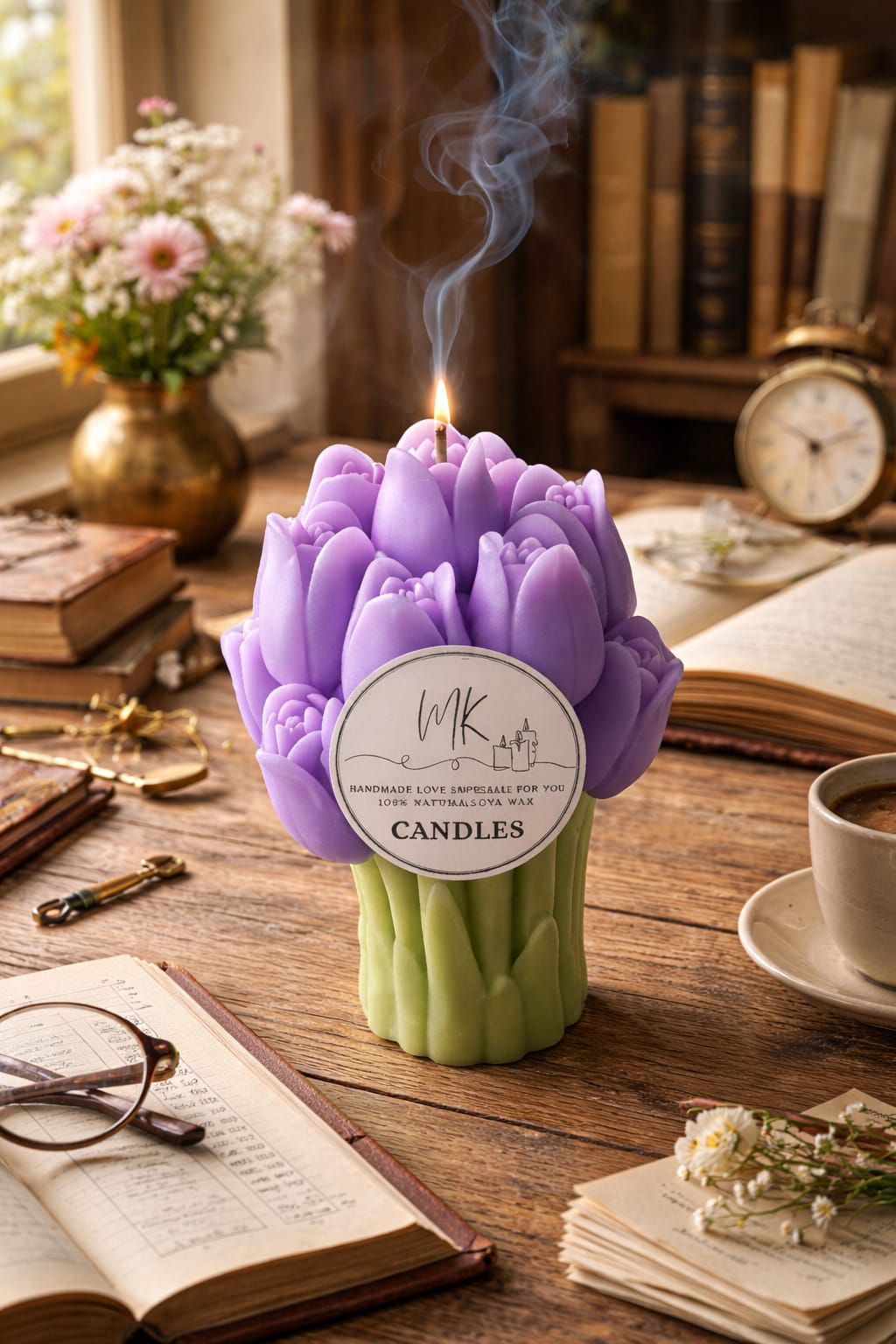 Purple tulip bouquet candle with MK Natural Candles label