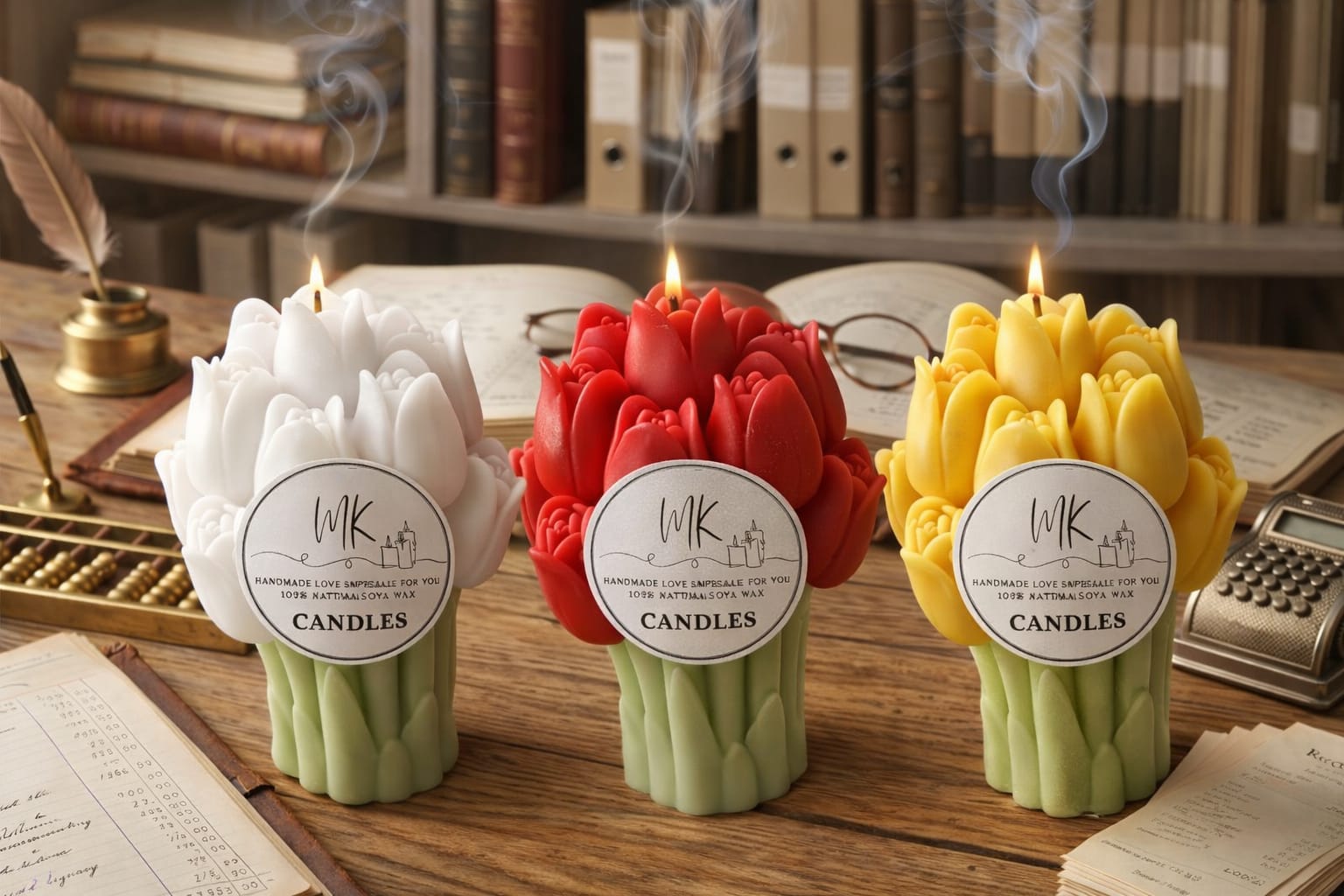 Tulip candle on wooden table