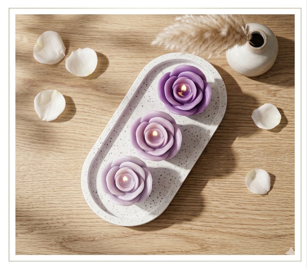 Three purple mini rose candles on a tray